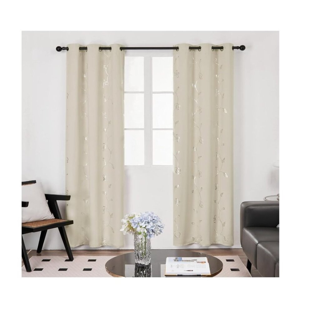 Deconovo Blackout Grommet Curtains with Flower Leaf Foil Print, Beige, 52W x 84L
